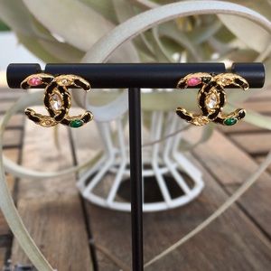 ‘20 Chanel crystal & enamel gold cc stud earrings